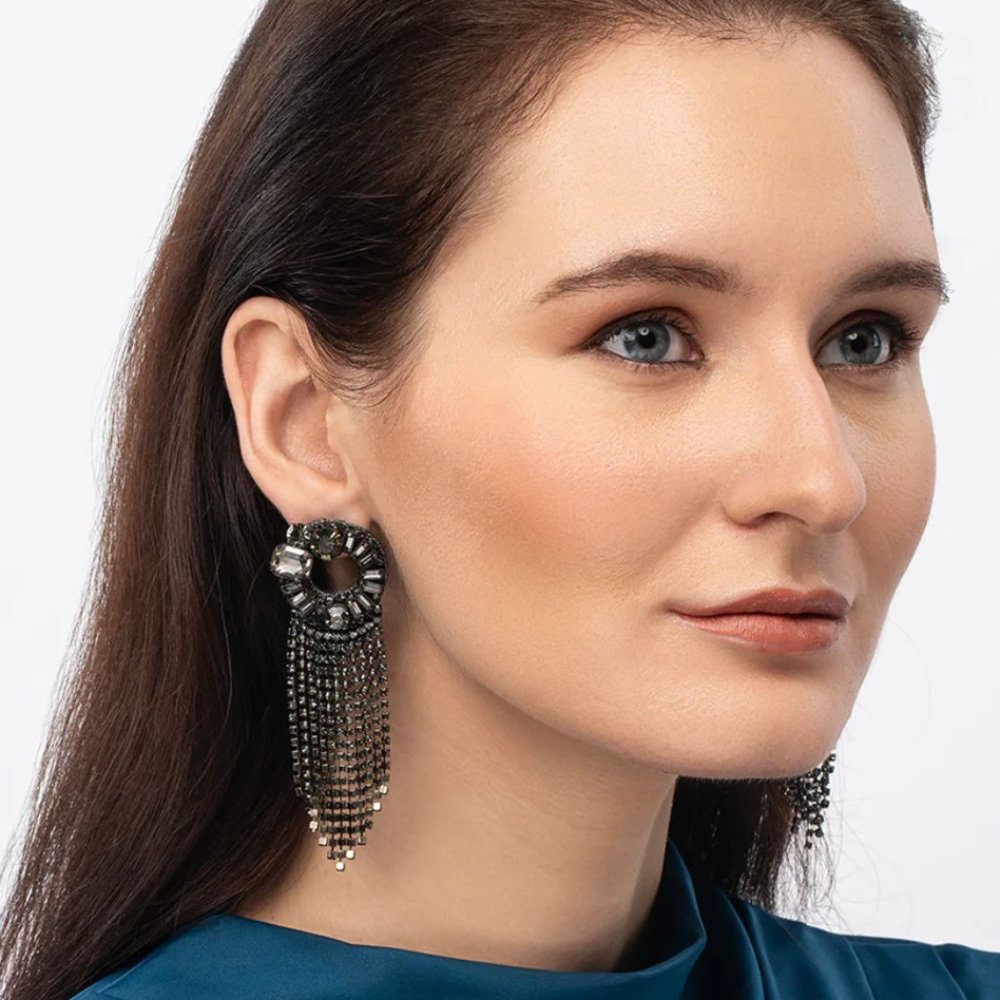 NWT Deepa Gurnani Crystal Rhinestone Chandelier Earrings-Silver Gunmetal Grey - Picture 8 of 10